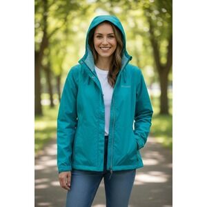 Columbia Womens Lightweight Hooded Rain Jacket Windbreaker Aqua Blue Small S